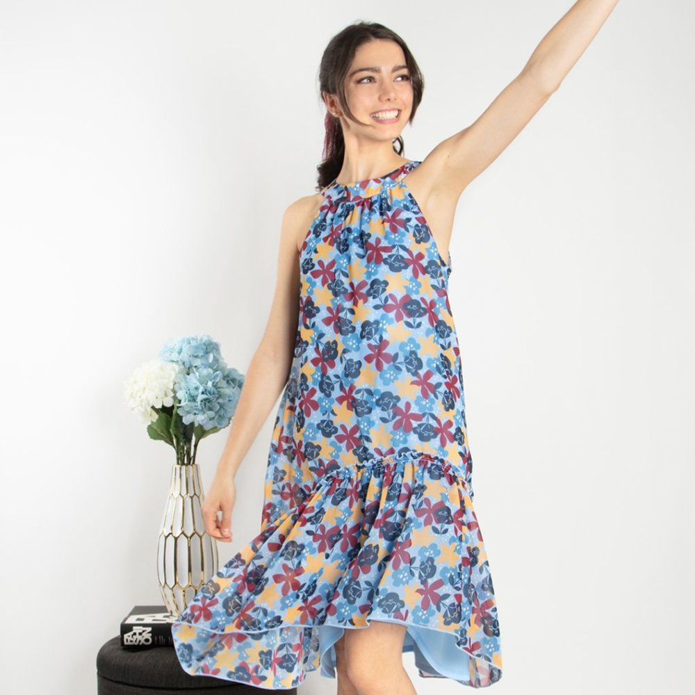 Halter Neck Floral Printed Chiffon Mini Dress (New but no tag)